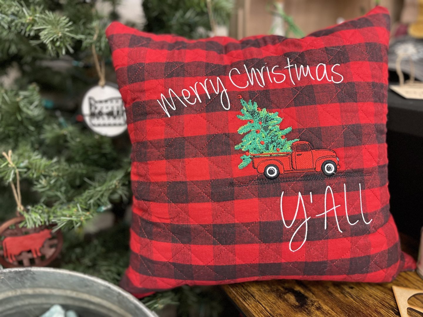 Embroidered red buffalo plaid Christmas pillow with Merry Christmas Y'all vintage truck and tree