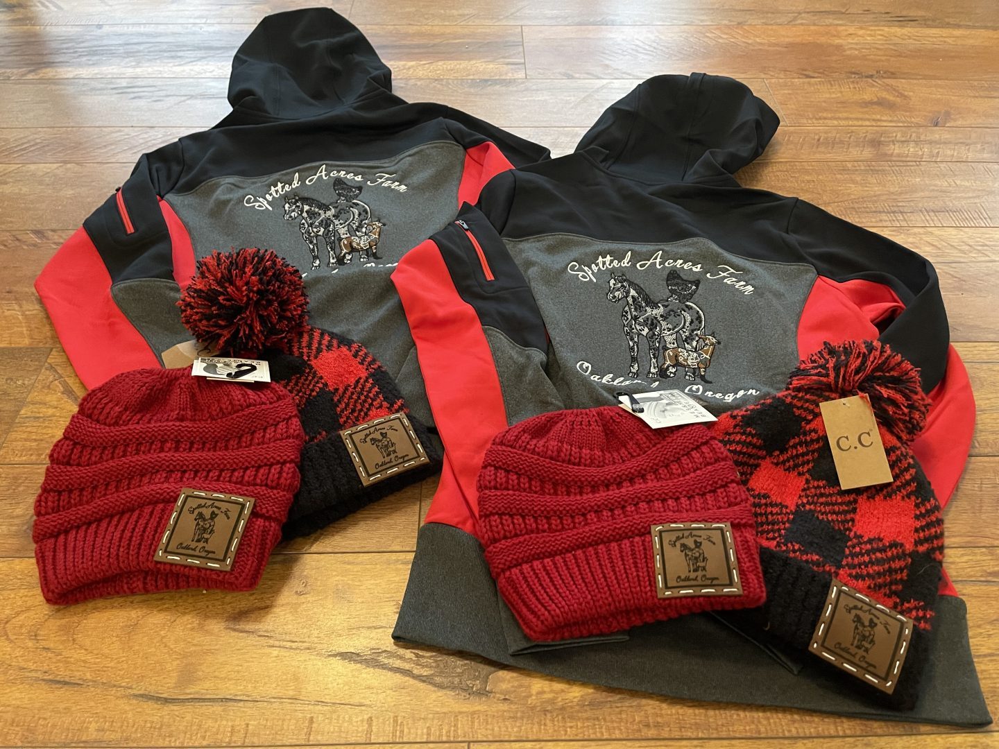 Embroidered Spotted Acres Farm hoodies with matching red plaid leather patch beanies