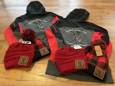 Embroidered Spotted Acres Farm hoodies with matching red plaid leather patch beanies