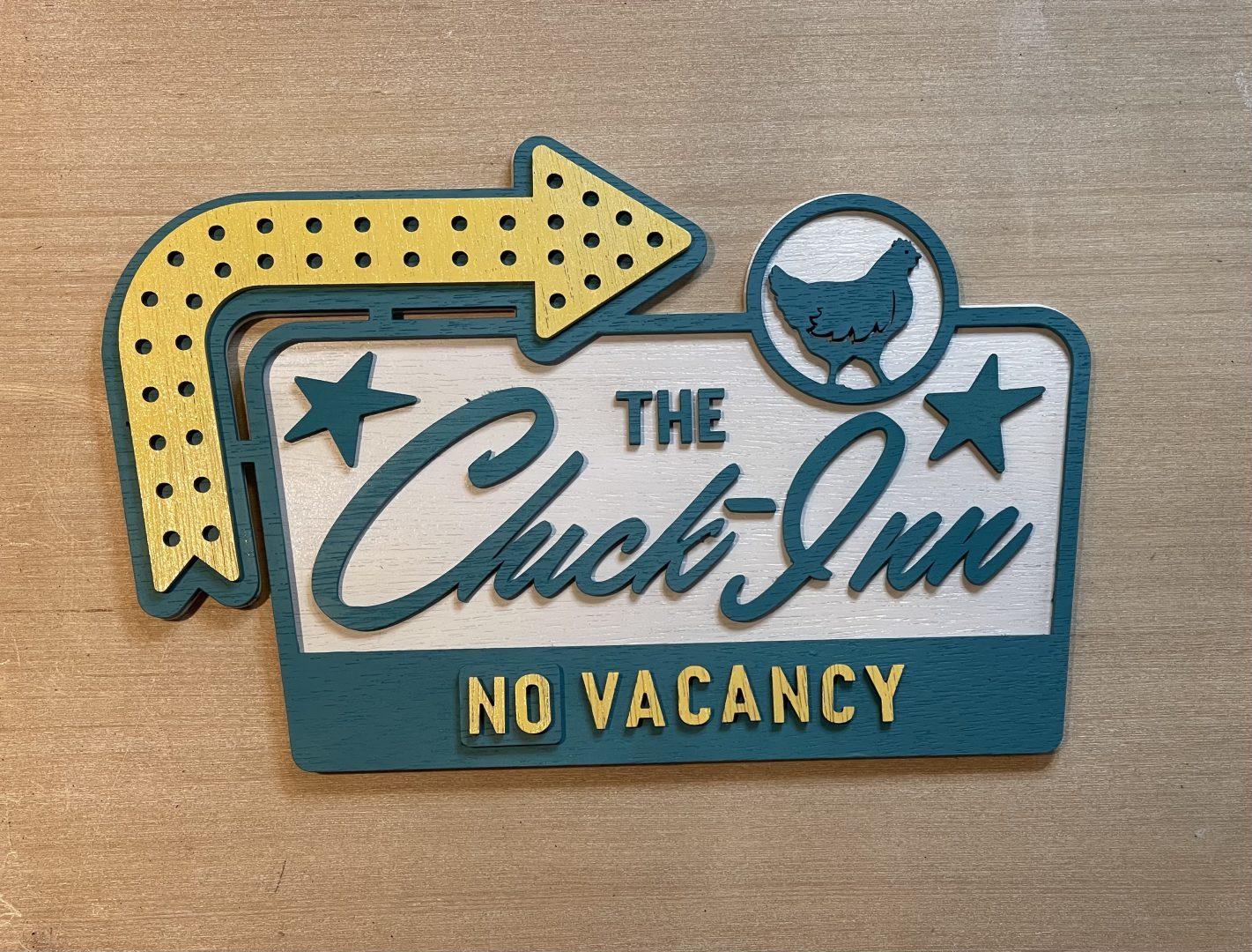 Laser cut wooden retro-style Chick Inn No Vacancy chicken coop sign with arrow