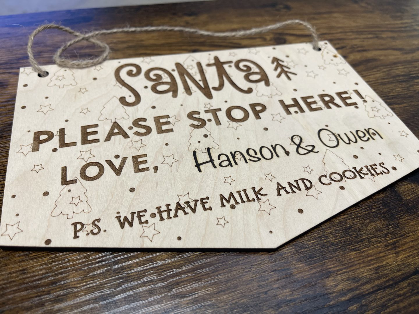Laser engraved wooden Santa Please Stop Here personalized Christmas sign with children's names