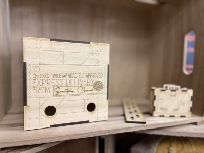 Laser engraved wooden Christmas gift crate with Santa Claus express delivery design