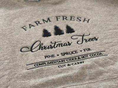 Gray sweatshirt with screen printed Farm Fresh Christmas Trees vintage holiday design
