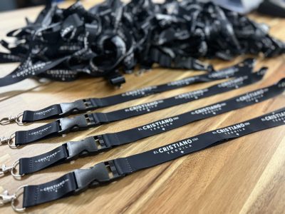 Black custom printed lanyards with El Cristiano 1761 Tequila logo bulk promotional items