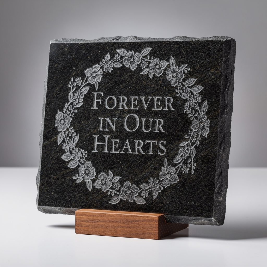 Laser engraved black granite memorial stone Forever in Our Hearts with floral wreath on wooden stand