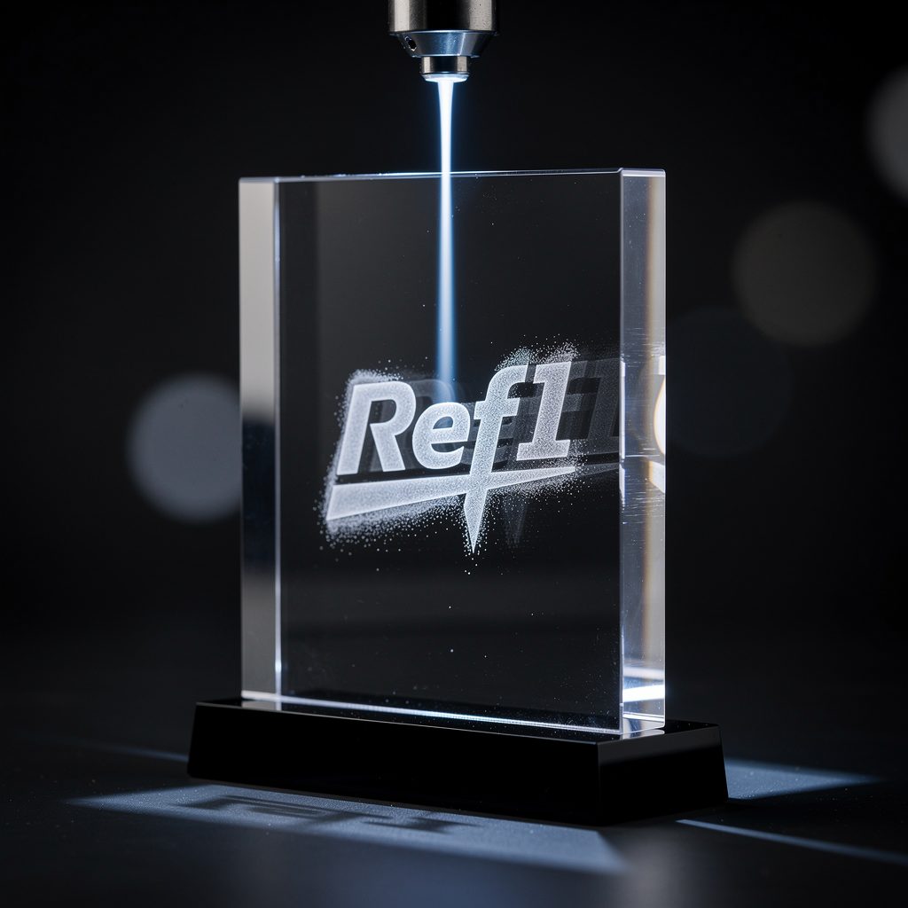 Laser engraving acrylic award plaque with blue laser beam process illustration subsurface engraving
