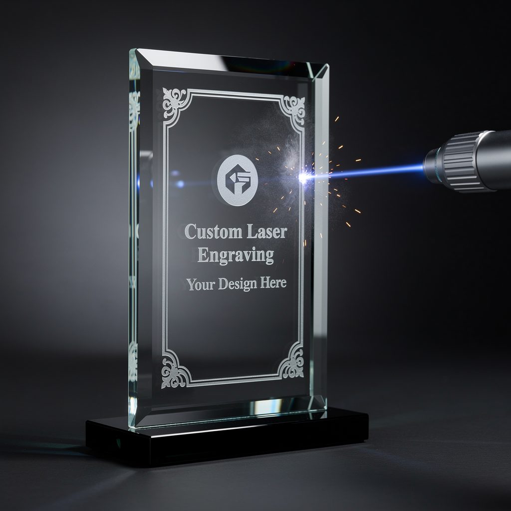 Laser engraving crystal glass award plaque Custom Laser Engraving Your Design Here service illustration