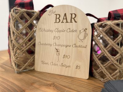 Laser engraved wooden bar menu sign The Bar with Whiskey Apple Cider Cranberry Champagne Cocktail rustic event